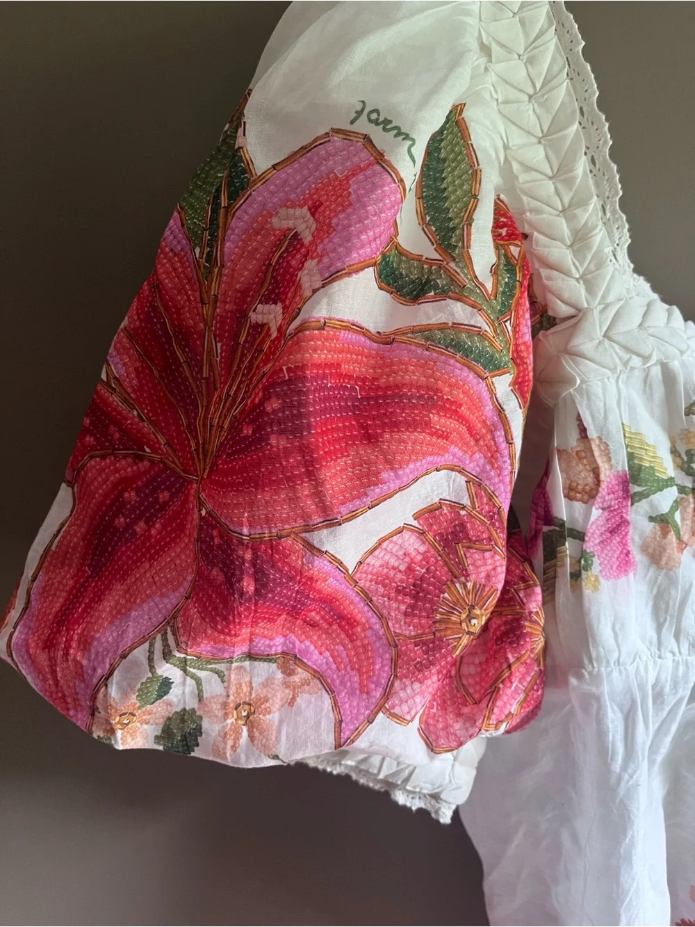 FARM Rio White Puff-Sleeve Peasant Top with Pink Floral Print XL